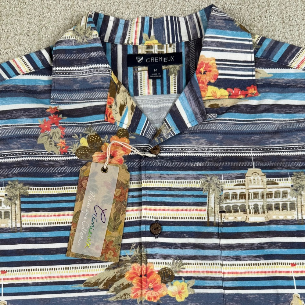 NEW Cremieux Men Medium Tropical Floral Stripe Short Sleeve Button Up Camp Shirt